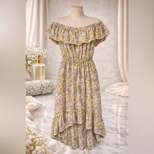 Off-Shoulder Yellow Floral Ruffle Midi Dress